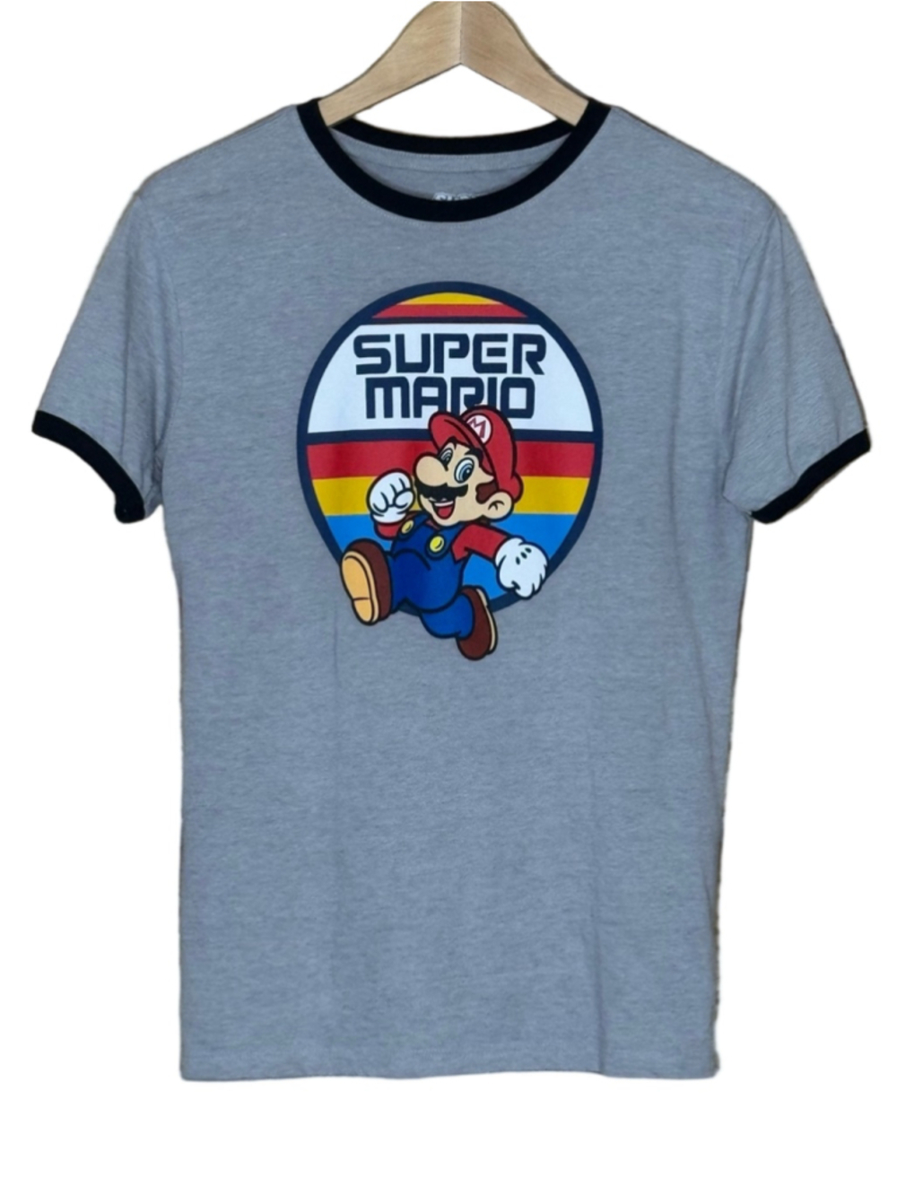 Nintendo Super Mario Ringer Tee with Retro Rainbow Logo, size XL
